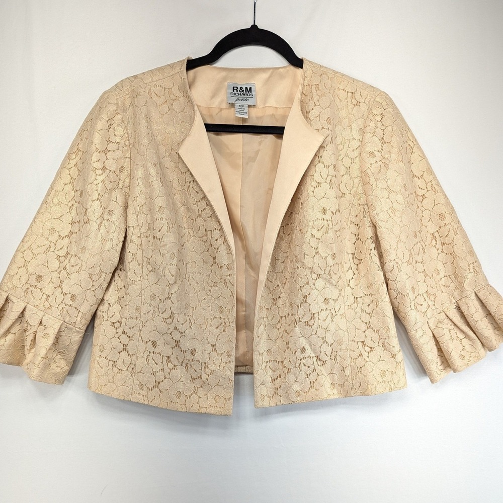 R&M Richards Petite 12P Champagne Floral Lace Cropped Jacket Ruffle Cuff Bolero